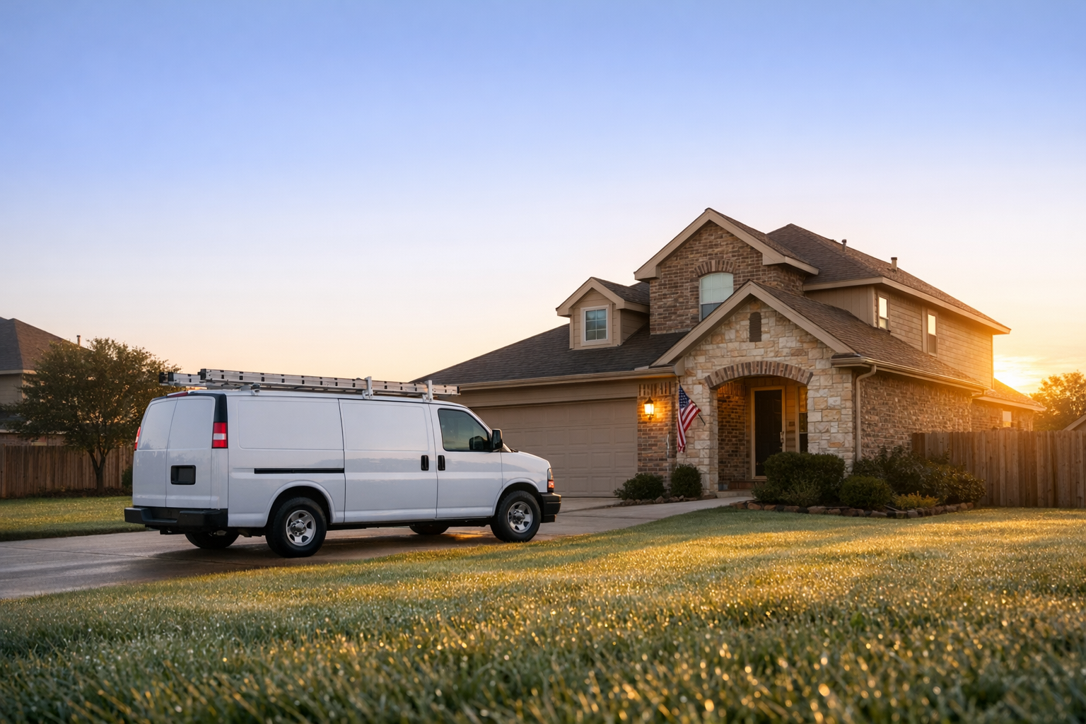 Service van parked at a home in early morning